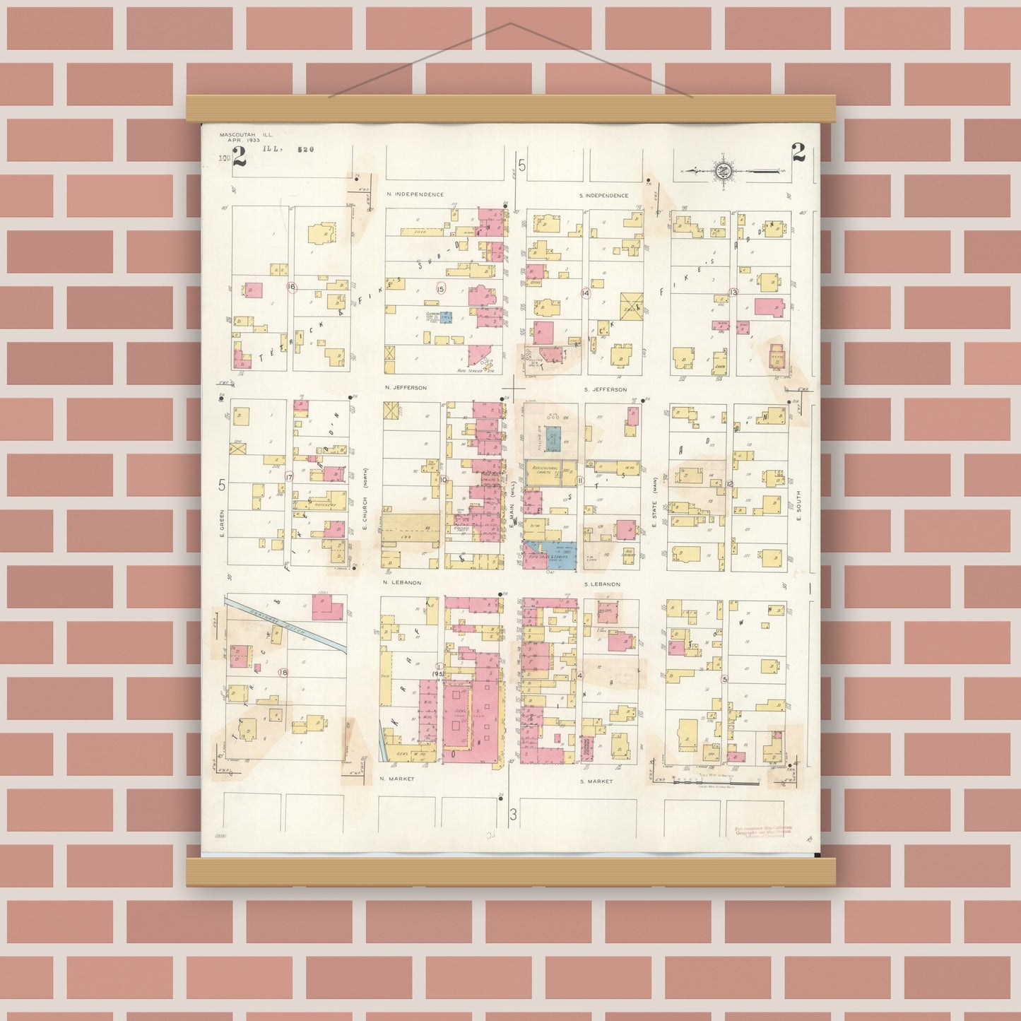 Old map wall art mockup — magnetic wood frame on brick wall — Sanborn Fire Insurance Map from Mascoutah, Saint Clair County, Illinois (1942), Sheet #0002