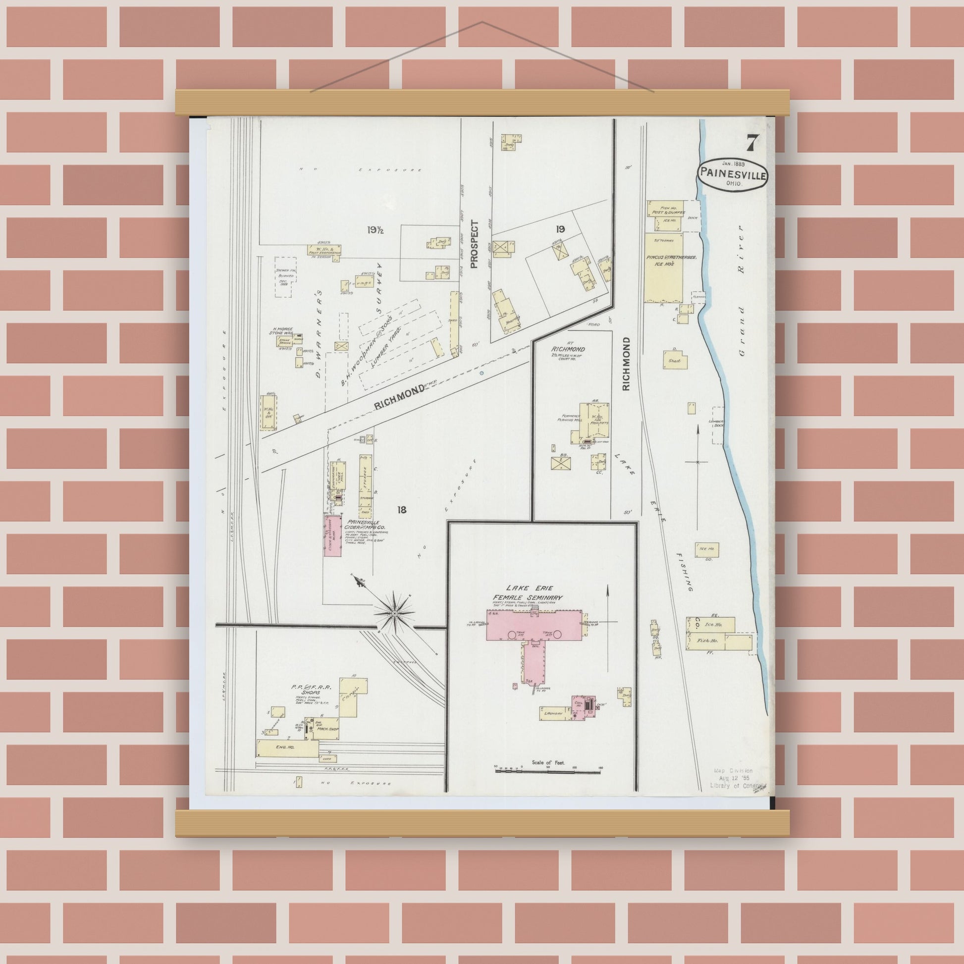 Old map wall art mockup — magnetic wood frame on brick wall — Sanborn Fire Insurance Map from Painesville, Lake County, Ohio (1889), Sheet #0007