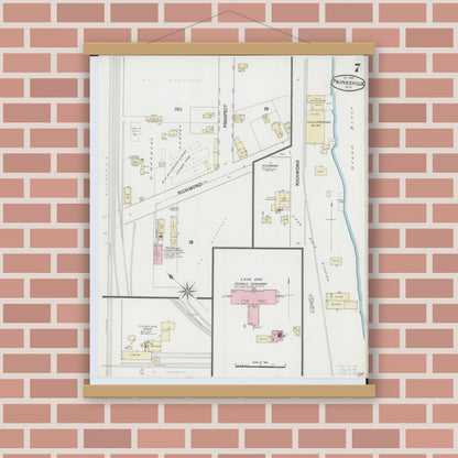 Old map wall art mockup — magnetic wood frame on brick wall — Sanborn Fire Insurance Map from Painesville, Lake County, Ohio (1889), Sheet #0007