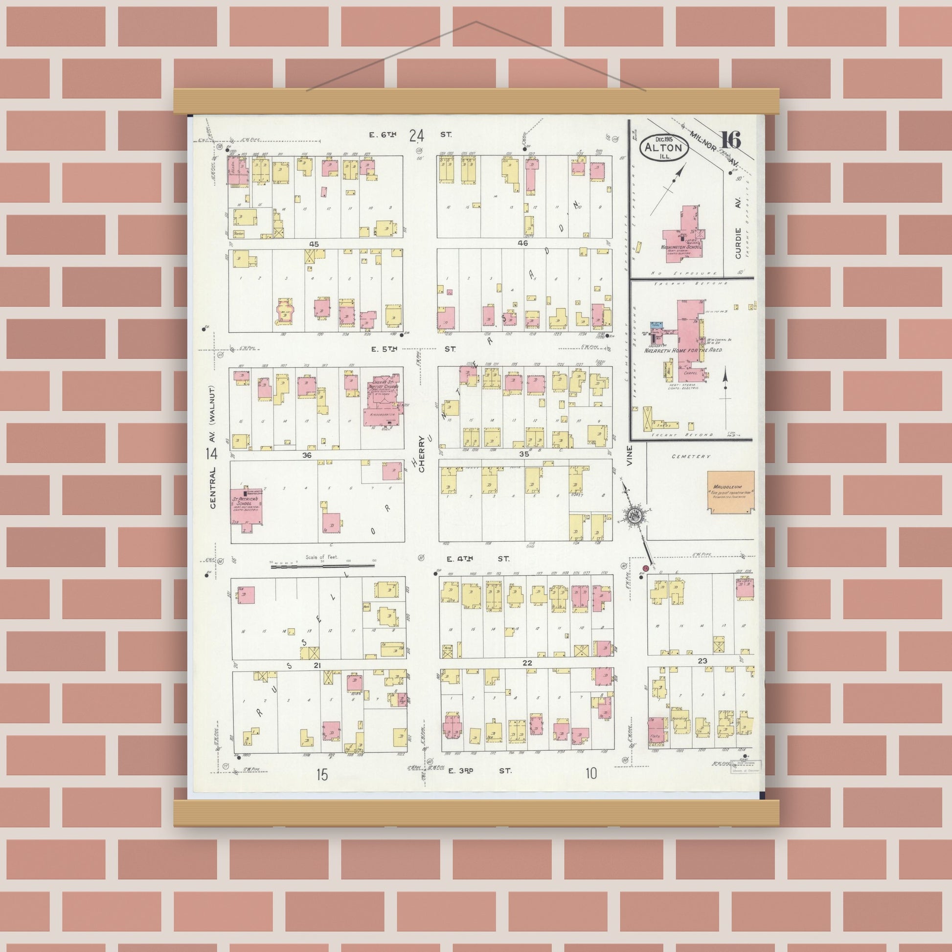 Old map wall art mockup — magnetic wood frame on brick wall — Sanborn Fire Insurance Map from Alton, Madison County, Illinois (1915), Sheet #0016