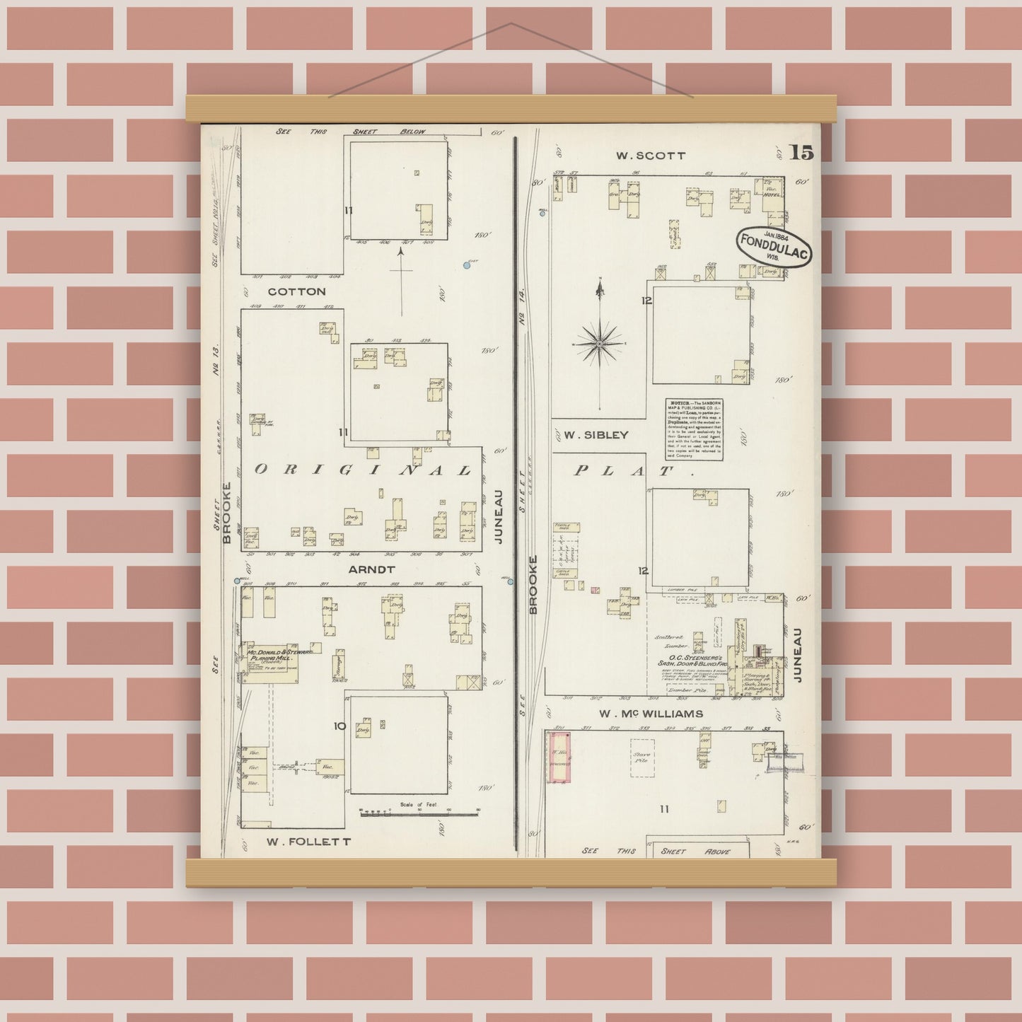 Old map wall art mockup — magnetic wood frame on brick wall — Sanborn Fire Insurance Map from Fond du Lac, Fond du Lac County, Wisconsin (1884), Sheet #0015