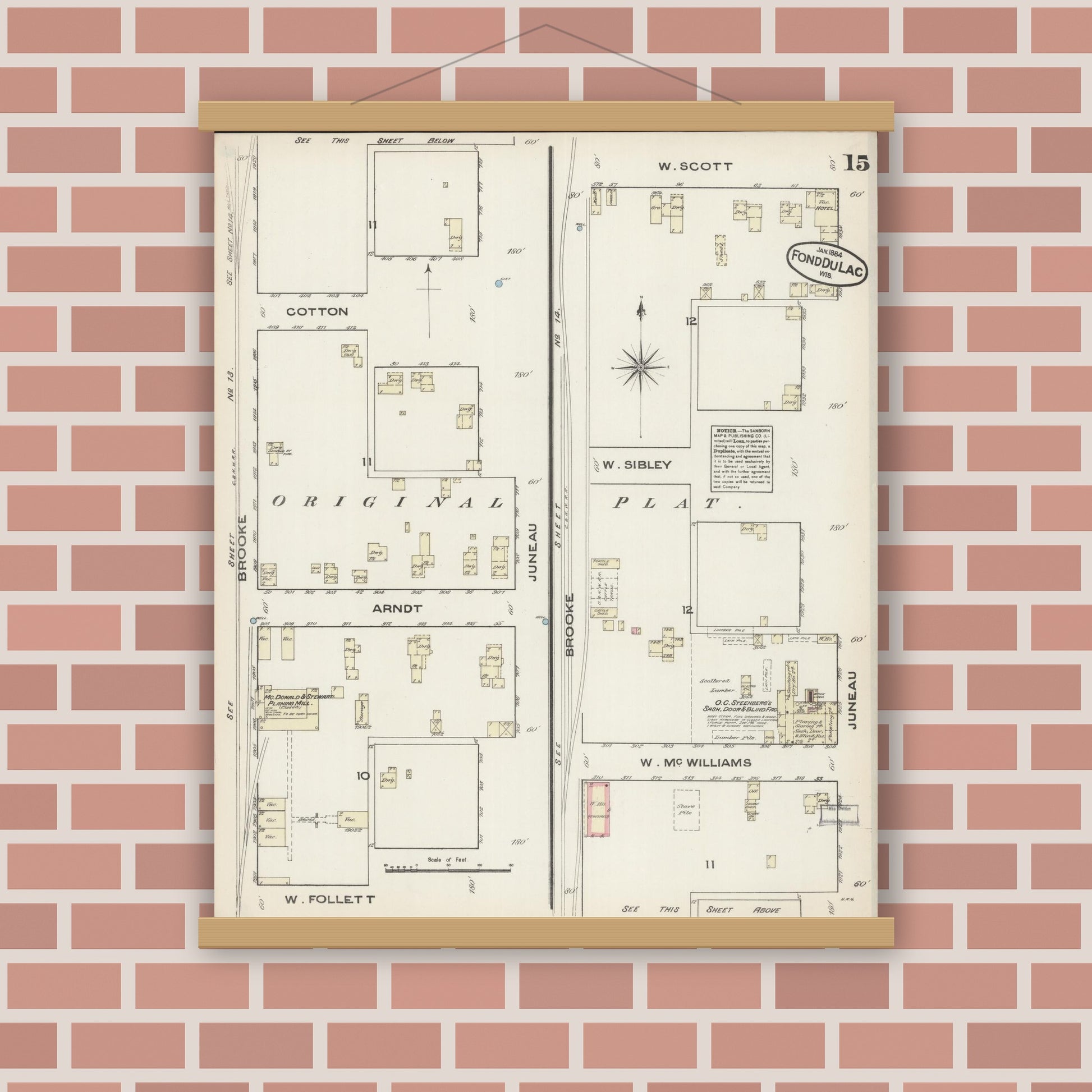Old map wall art mockup — magnetic wood frame on brick wall — Sanborn Fire Insurance Map from Fond du Lac, Fond du Lac County, Wisconsin (1884), Sheet #0015