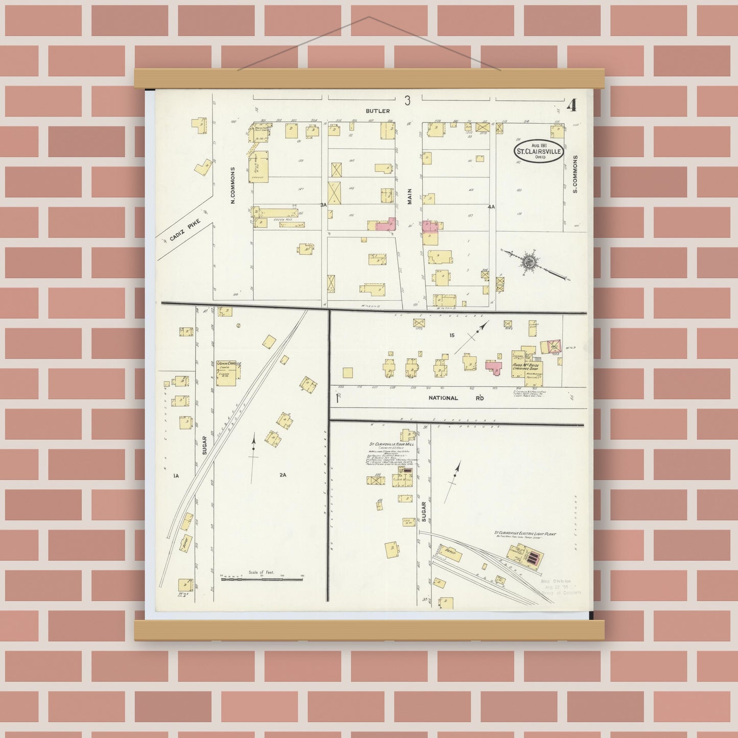 Old map wall art mockup — magnetic wood frame on brick wall — Sanborn Fire Insurance Map from Saint Clairsville, Belmont County, Ohio (1911), Sheet #0004