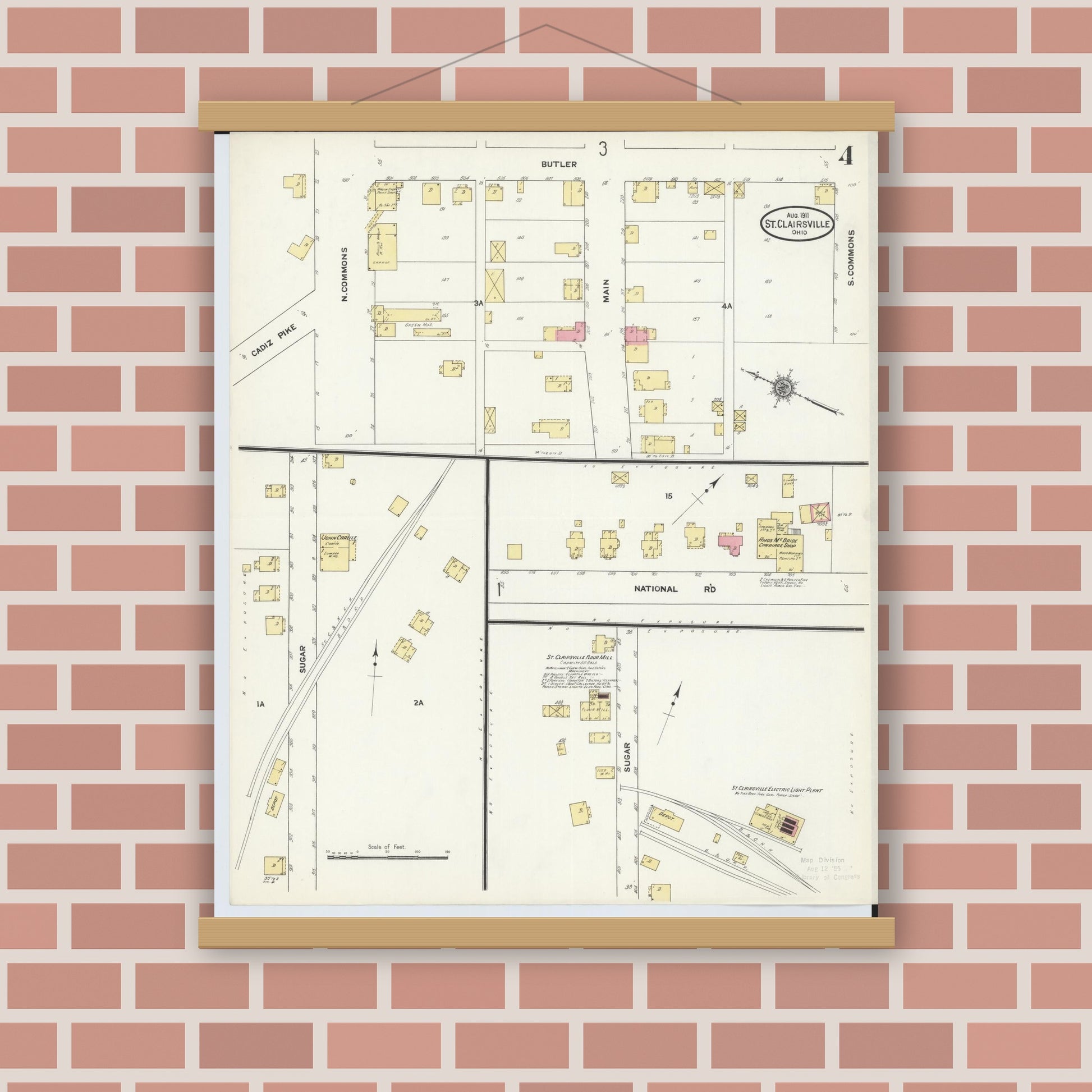 Old map wall art mockup — magnetic wood frame on brick wall — Sanborn Fire Insurance Map from Saint Clairsville, Belmont County, Ohio (1911), Sheet #0004