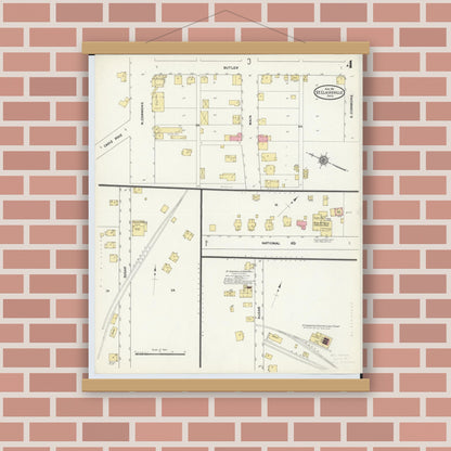 Old map wall art mockup — magnetic wood frame on brick wall — Sanborn Fire Insurance Map from Saint Clairsville, Belmont County, Ohio (1911), Sheet #0004