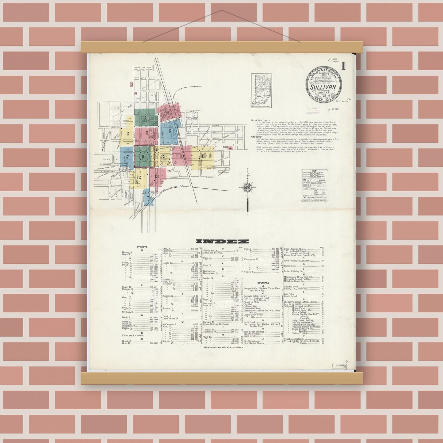Old map wall art mockup — magnetic wood frame on brick wall — Sanborn Fire Insurance Map from Sullivan, Sullivan County, Indiana (1913) - Complete Map Set
