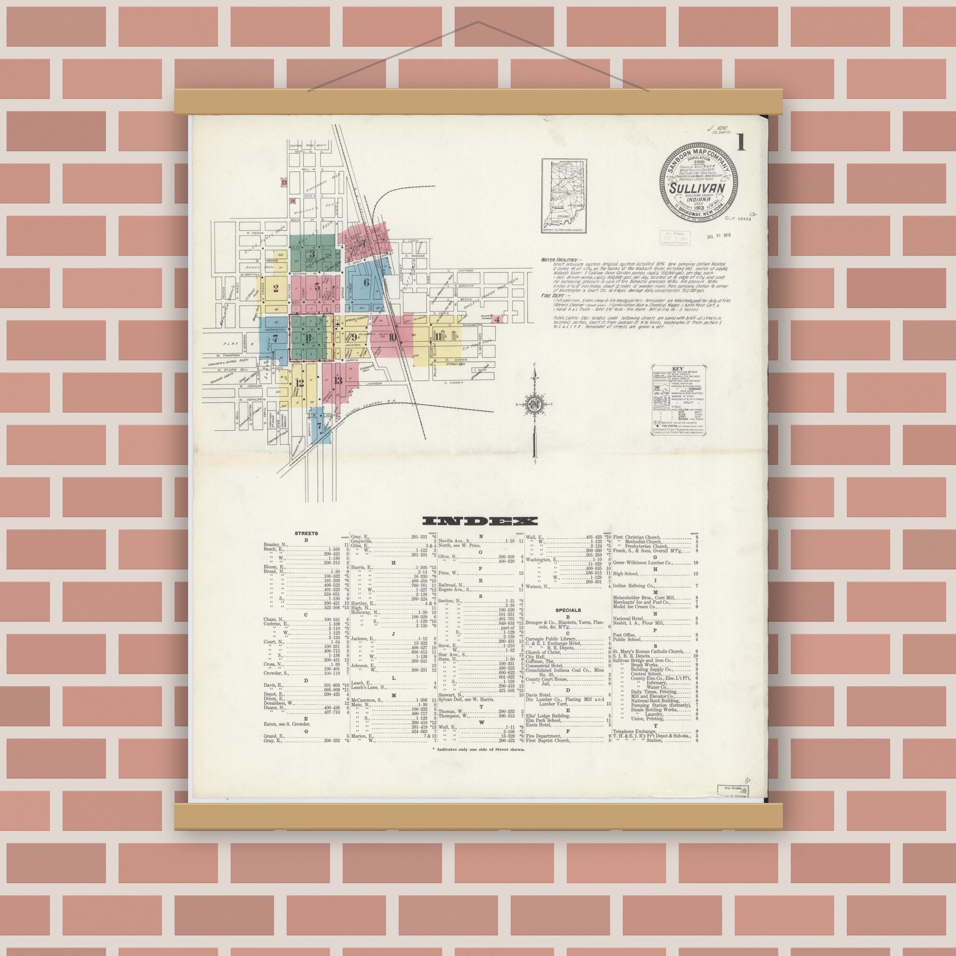Old map wall art mockup — magnetic wood frame on brick wall — Sanborn Fire Insurance Map from Sullivan, Sullivan County, Indiana (1913) - Complete Map Set