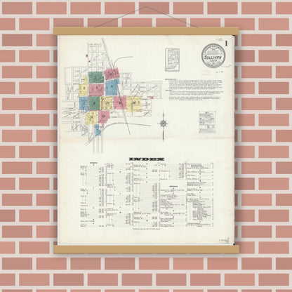 Old map wall art mockup — magnetic wood frame on brick wall — Sanborn Fire Insurance Map from Sullivan, Sullivan County, Indiana (1913) - Complete Map Set