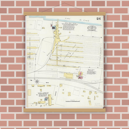 Old map wall art mockup — magnetic wood frame on brick wall — Sanborn Fire Insurance Map from Stillwater, Washington County, Minnesota (1898), Sheet #0024