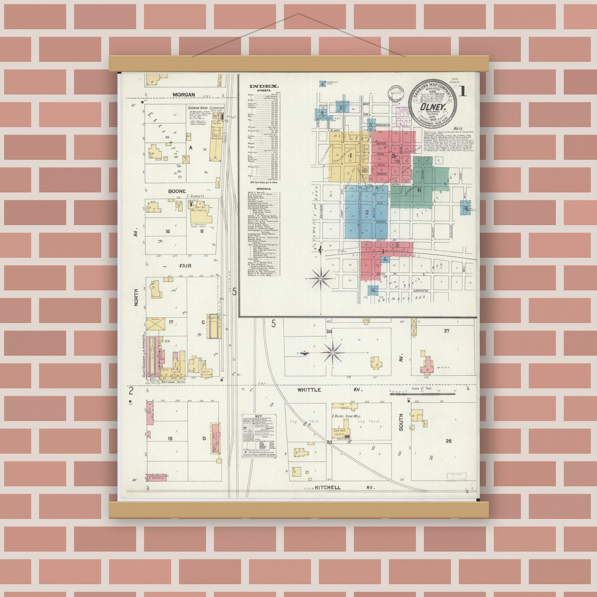 Old map wall art mockup — magnetic wood frame on brick wall — Sanborn Fire Insurance Map from Olney, Richland County, Illinois (1902), Sheet #0001