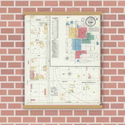 Old map wall art mockup — magnetic wood frame on brick wall — Sanborn Fire Insurance Map from Olney, Richland County, Illinois (1902), Sheet #0001