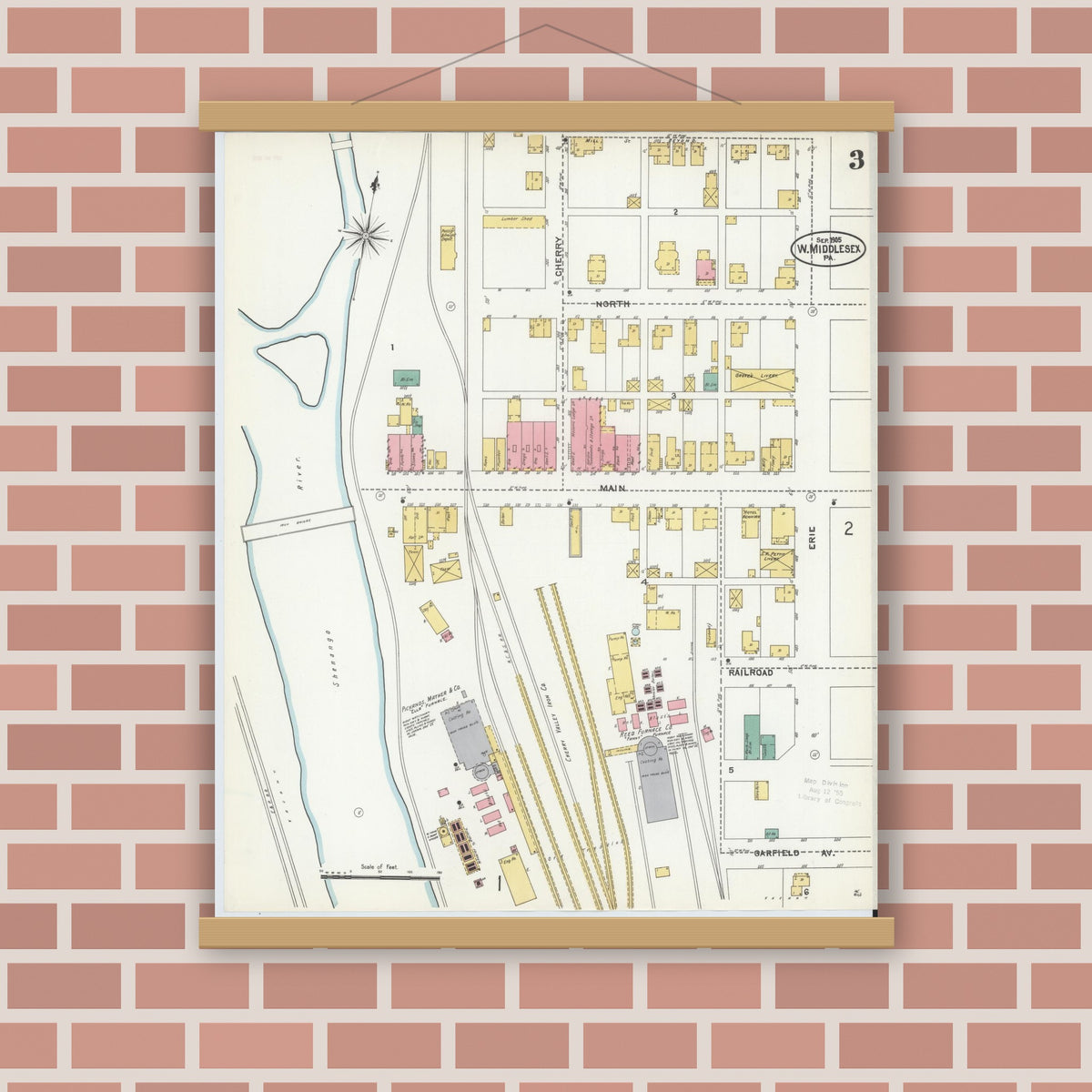 Old map wall art mockup — magnetic wood frame on brick wall — Sanborn Fire Insurance Map from West Middlesex, Mercer County, Pennsylvania (1905), Sheet #0003