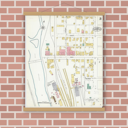 Old map wall art mockup — magnetic wood frame on brick wall — Sanborn Fire Insurance Map from West Middlesex, Mercer County, Pennsylvania (1905), Sheet #0003