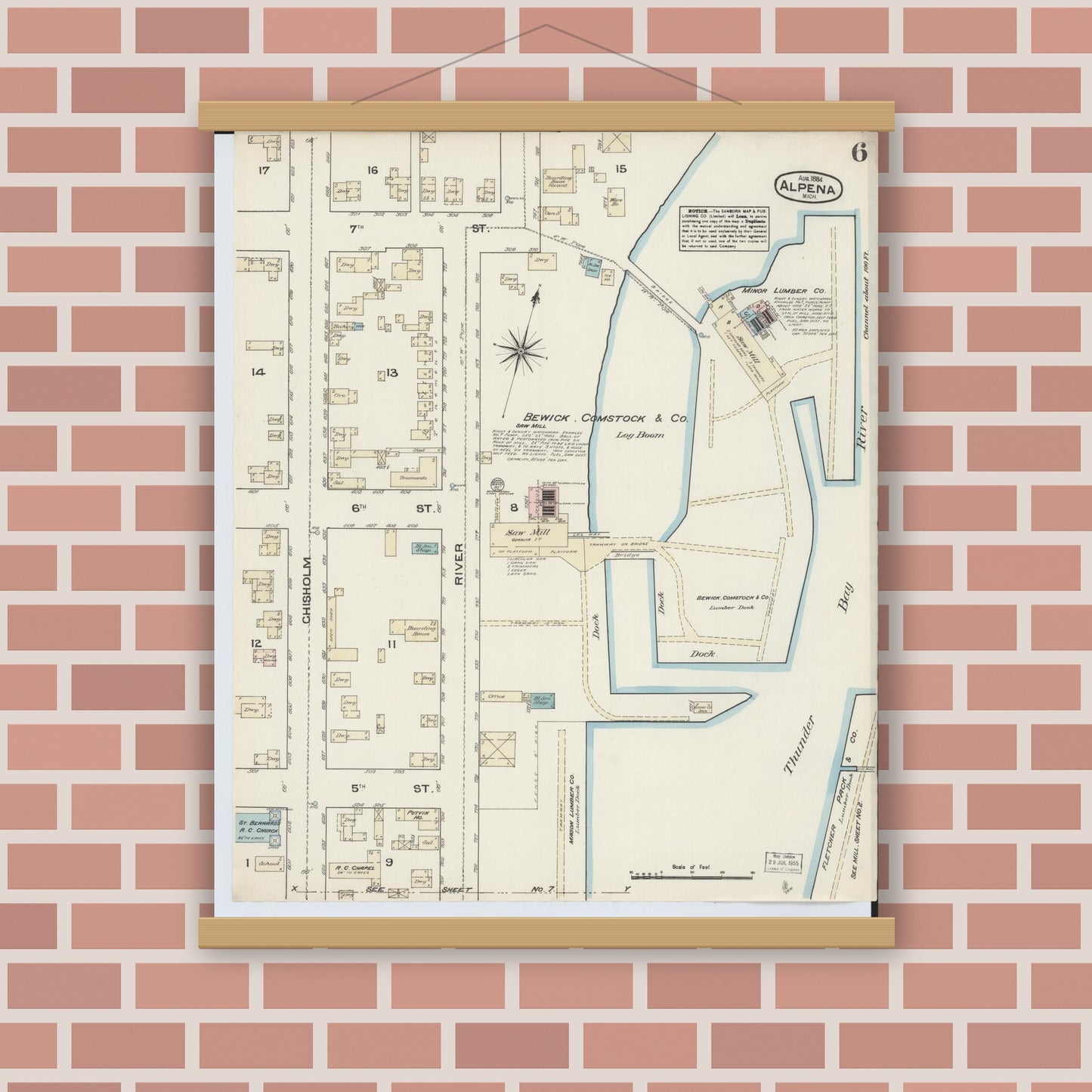 Old map wall art mockup — magnetic wood frame on brick wall — Sanborn Fire Insurance Map from Alpena, Alpena County, Michigan (1884), Sheet #0006