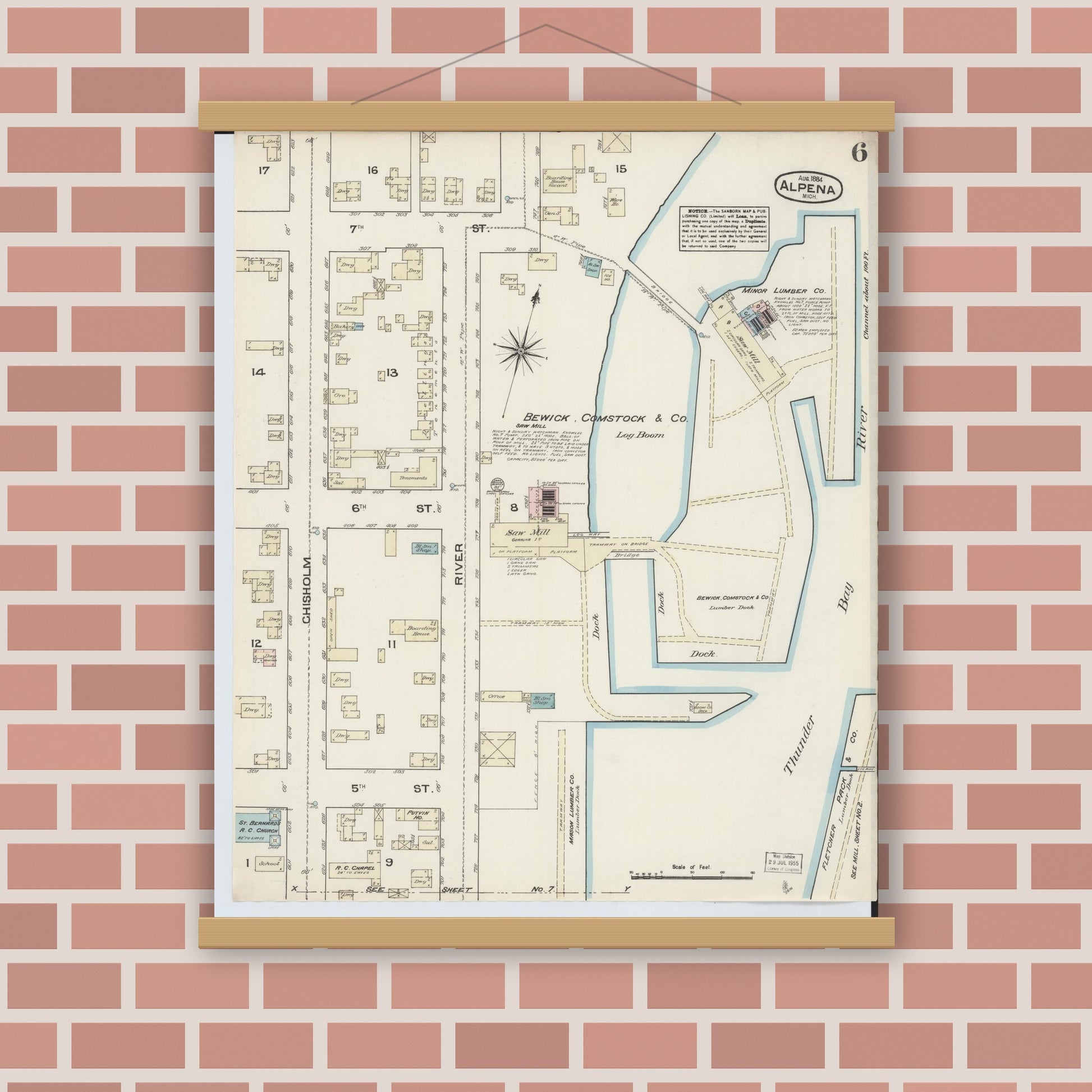 Old map wall art mockup — magnetic wood frame on brick wall — Sanborn Fire Insurance Map from Alpena, Alpena County, Michigan (1884), Sheet #0006
