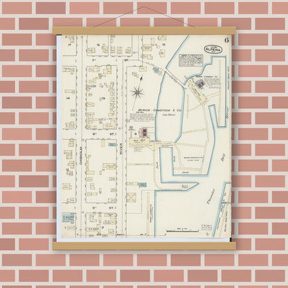 Old map wall art mockup — magnetic wood frame on brick wall — Sanborn Fire Insurance Map from Alpena, Alpena County, Michigan (1884), Sheet #0006