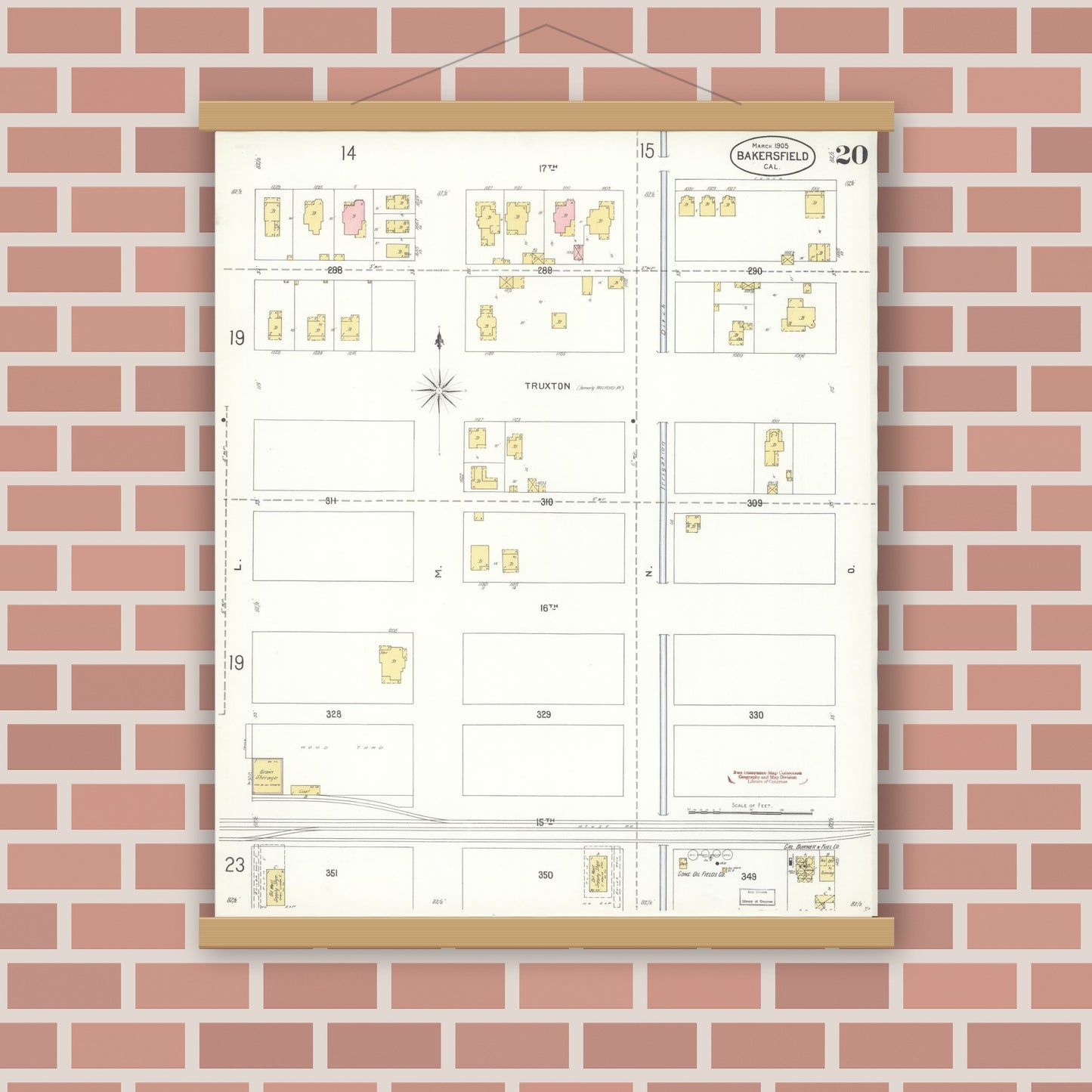 Old map wall art mockup — magnetic wood frame on brick wall — Sanborn Fire Insurance Map from Bakersfield, Kern County, California (1905), Sheet #0020
