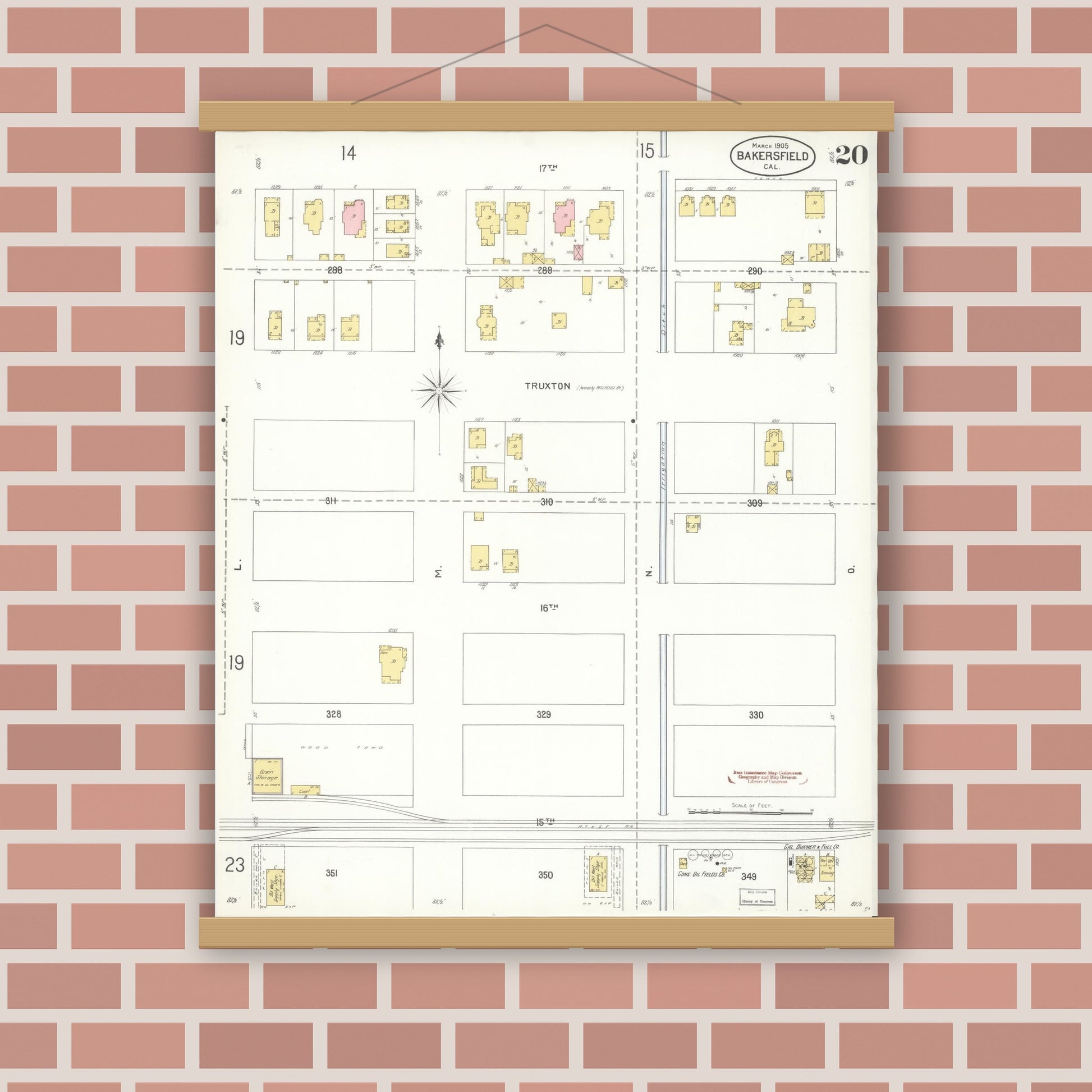 Old map wall art mockup — magnetic wood frame on brick wall — Sanborn Fire Insurance Map from Bakersfield, Kern County, California (1905), Sheet #0020