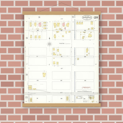 Old map wall art mockup — magnetic wood frame on brick wall — Sanborn Fire Insurance Map from Bakersfield, Kern County, California (1905), Sheet #0020