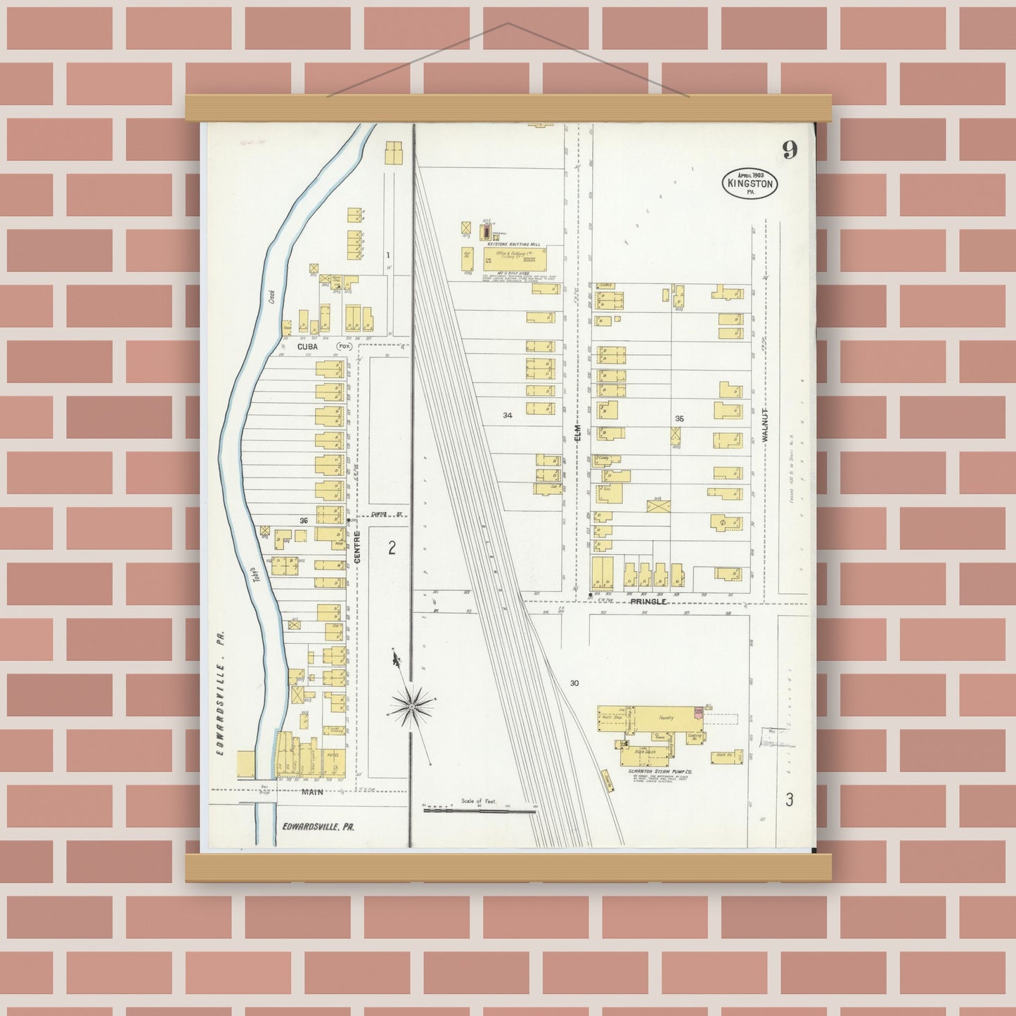 Old map wall art mockup — magnetic wood frame on brick wall — Sanborn Fire Insurance Map from Kingston, Luzerne County, Pennsylvania (1903), Sheet #0009
