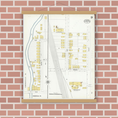 Old map wall art mockup — magnetic wood frame on brick wall — Sanborn Fire Insurance Map from Kingston, Luzerne County, Pennsylvania (1903), Sheet #0009