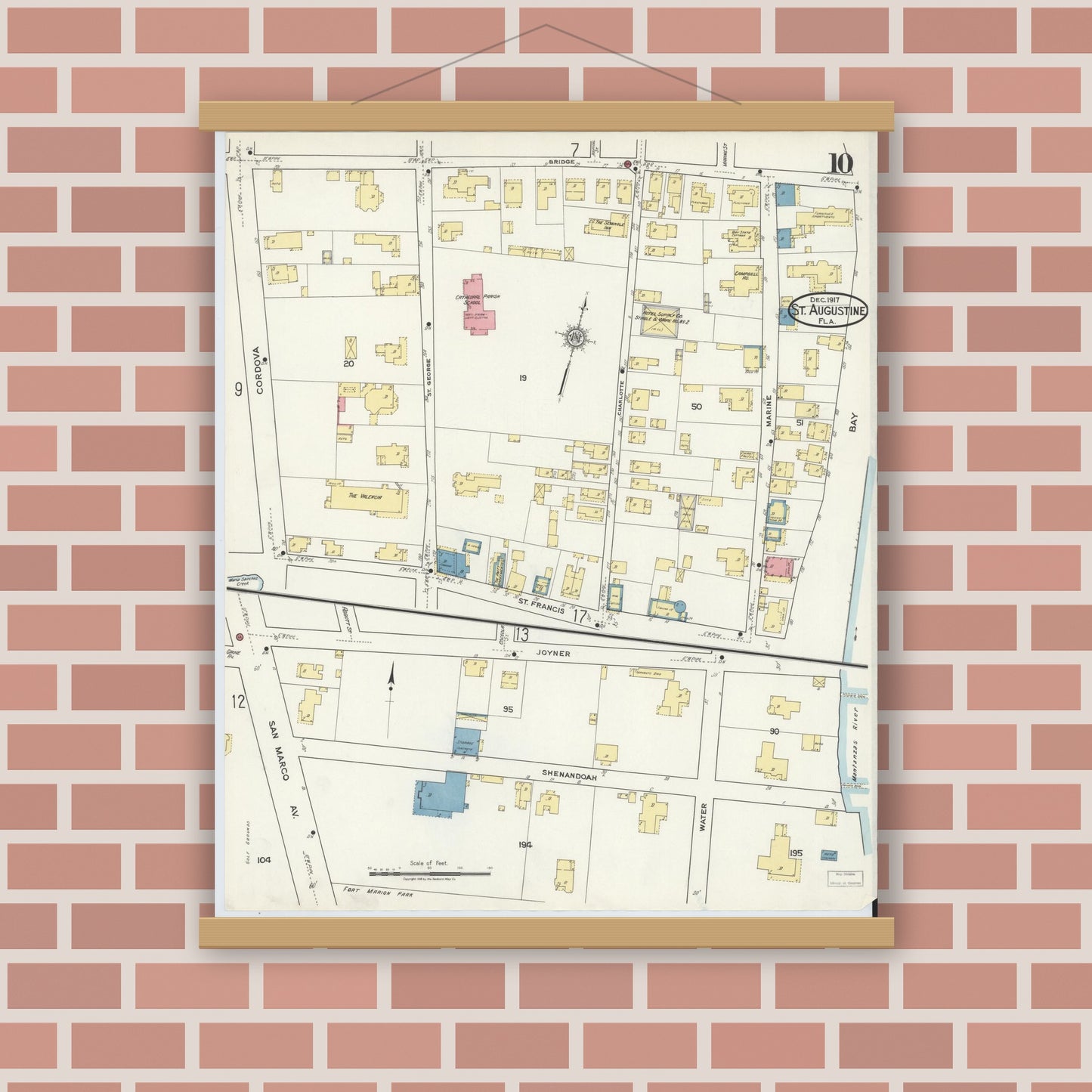 Old map wall art mockup — magnetic wood frame on brick wall — Sanborn Fire Insurance Map from Saint Augustine, Saint John's County, Florida (1917), Sheet #0010