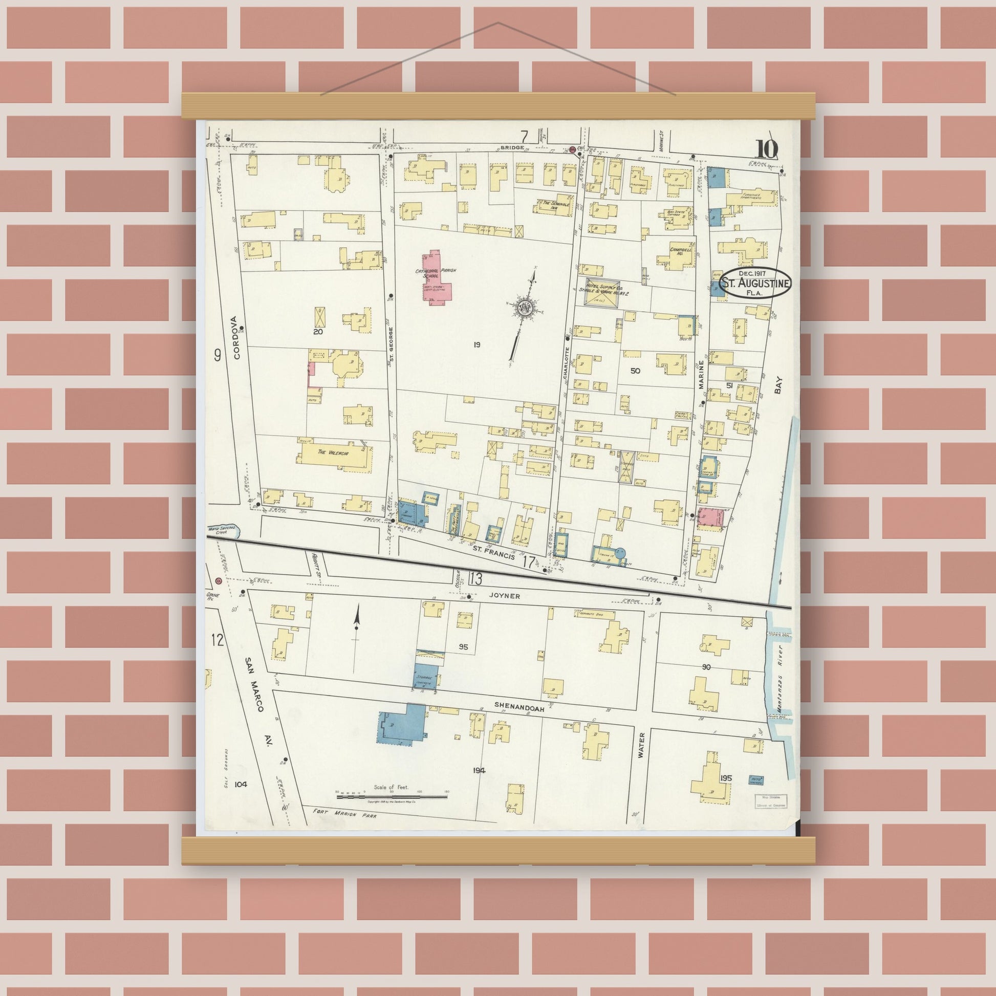 Old map wall art mockup — magnetic wood frame on brick wall — Sanborn Fire Insurance Map from Saint Augustine, Saint John's County, Florida (1917), Sheet #0010