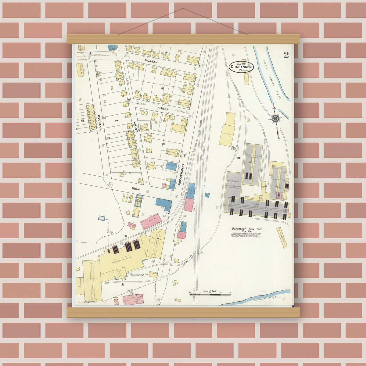 Old map wall art mockup — magnetic wood frame on brick wall — Sanborn Fire Insurance Map from Duncannon, Perry County, Pennsylvania (1911), Sheet #0002