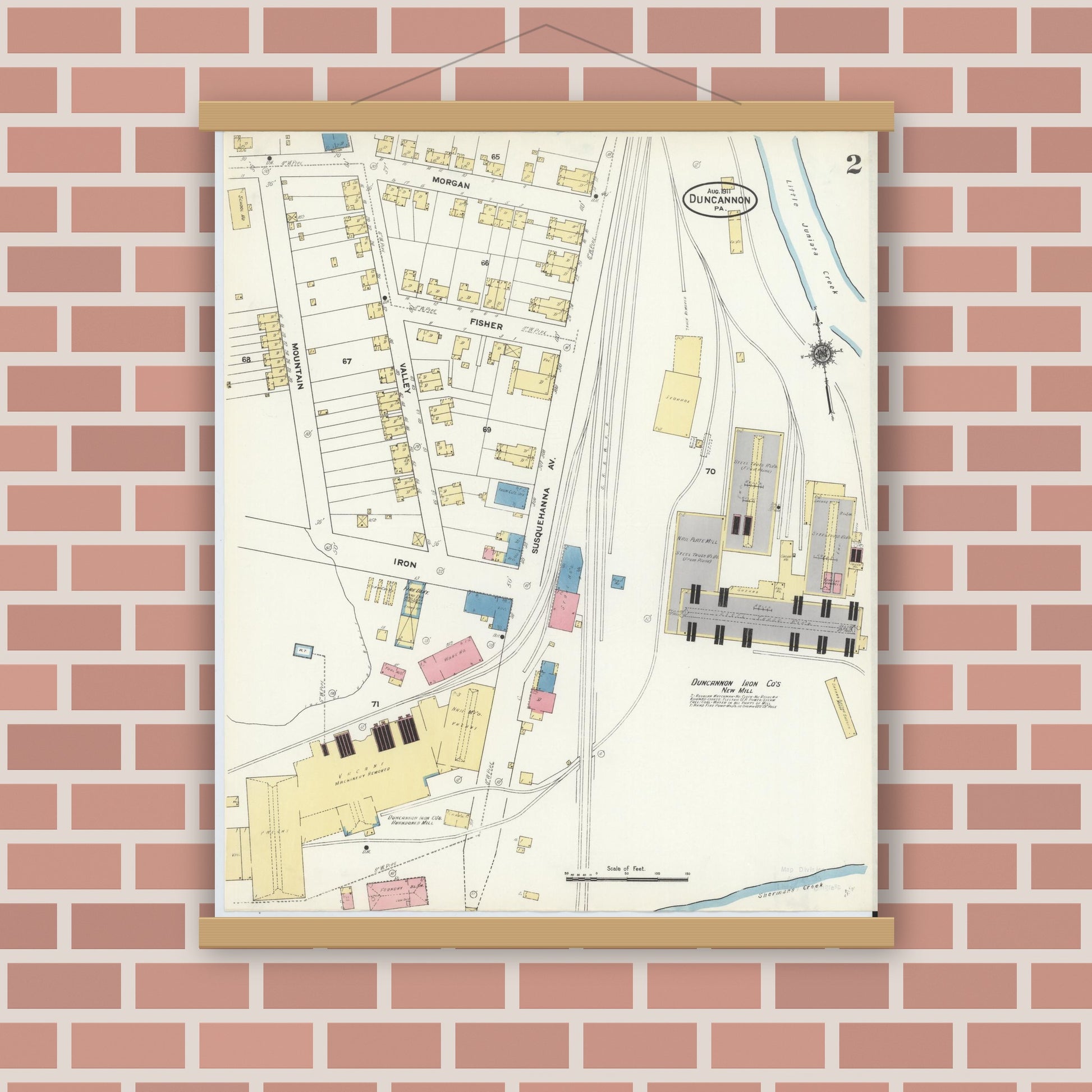 Old map wall art mockup — magnetic wood frame on brick wall — Sanborn Fire Insurance Map from Duncannon, Perry County, Pennsylvania (1911), Sheet #0002