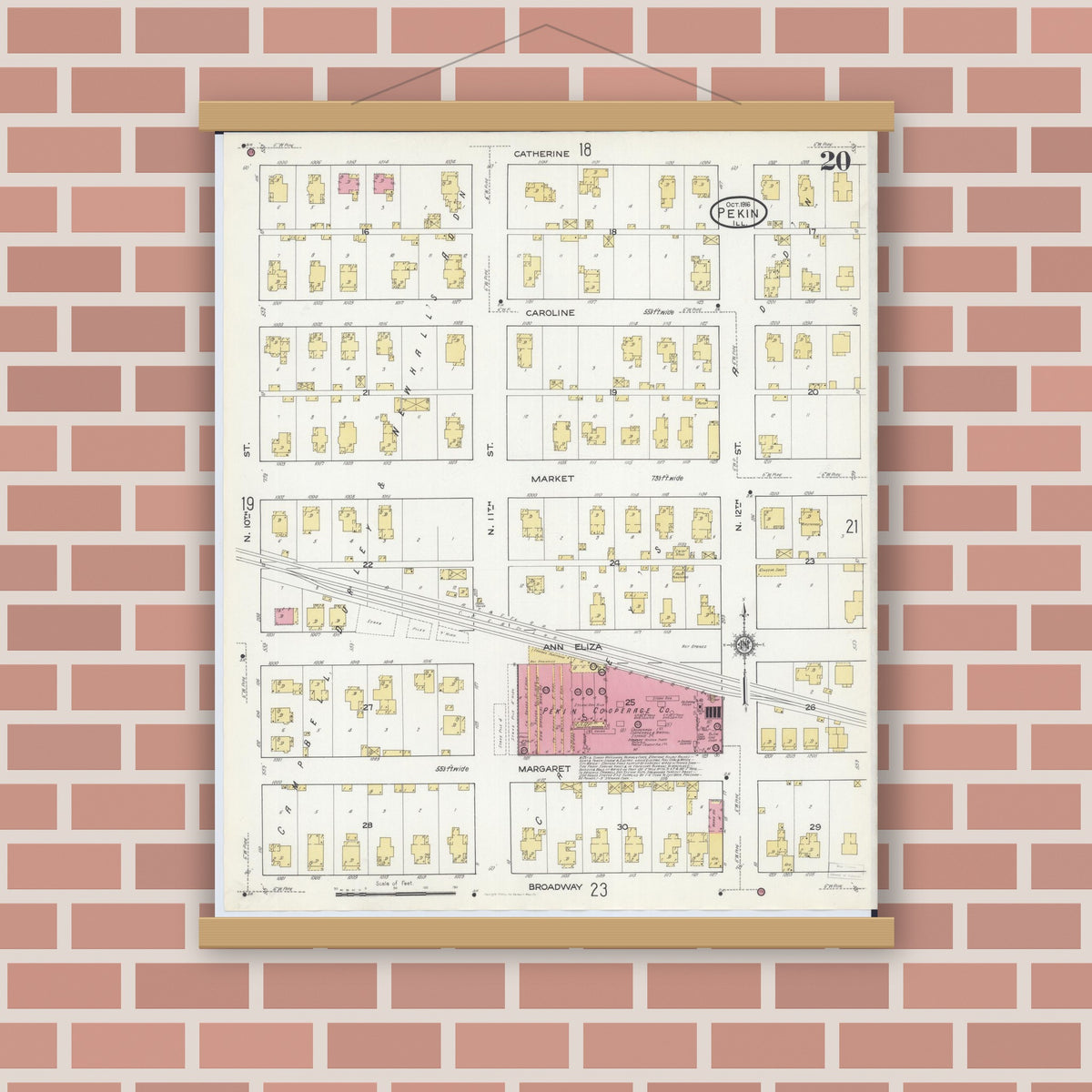 Old map wall art mockup — magnetic wood frame on brick wall — Sanborn Fire Insurance Map from Pekin, Tazewell County, Illinois (1916), Sheet #0020