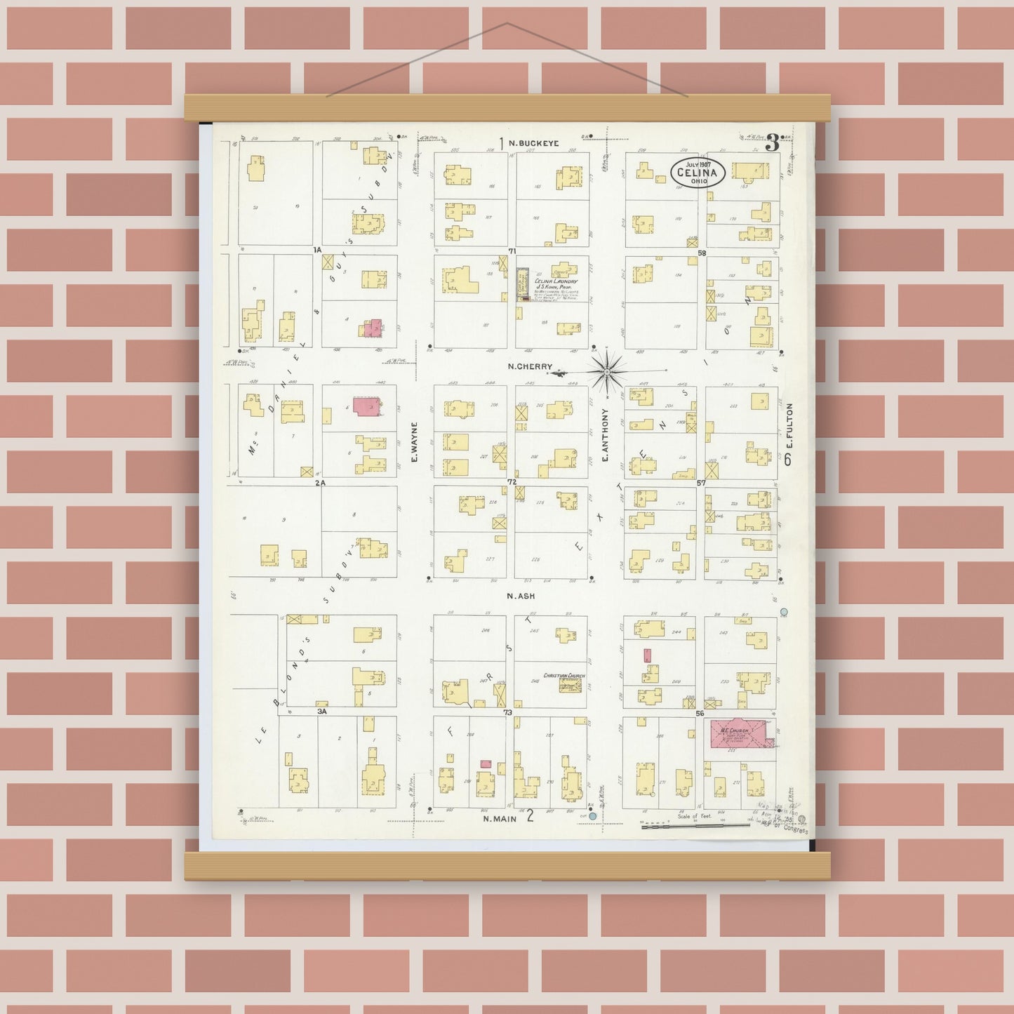 Old map wall art mockup — magnetic wood frame on brick wall — Sanborn Fire Insurance Map from Celina, Mercer County, Ohio (1907), Sheet #0003