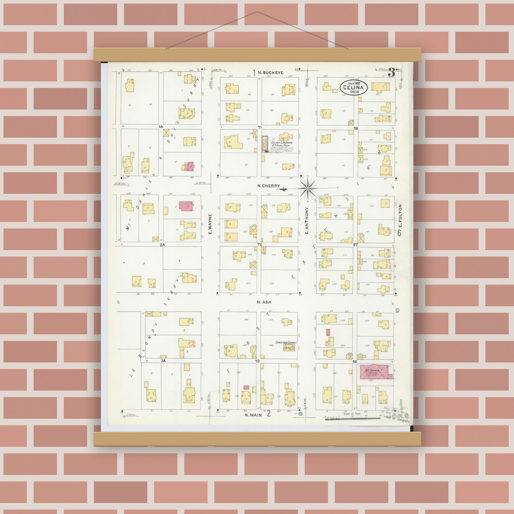 Old map wall art mockup — magnetic wood frame on brick wall — Sanborn Fire Insurance Map from Celina, Mercer County, Ohio (1907), Sheet #0003