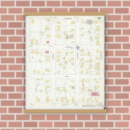 Old map wall art mockup — magnetic wood frame on brick wall — Sanborn Fire Insurance Map from Celina, Mercer County, Ohio (1907), Sheet #0003