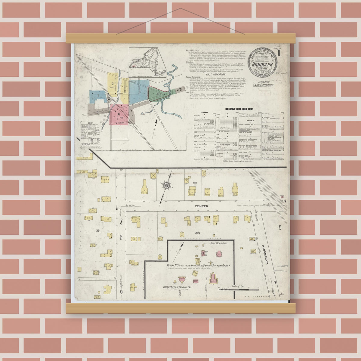 Old map wall art mockup — magnetic wood frame on brick wall — Sanborn Fire Insurance Map from Randolph, Cattaraugus County, New York (1913) - Complete Map Set