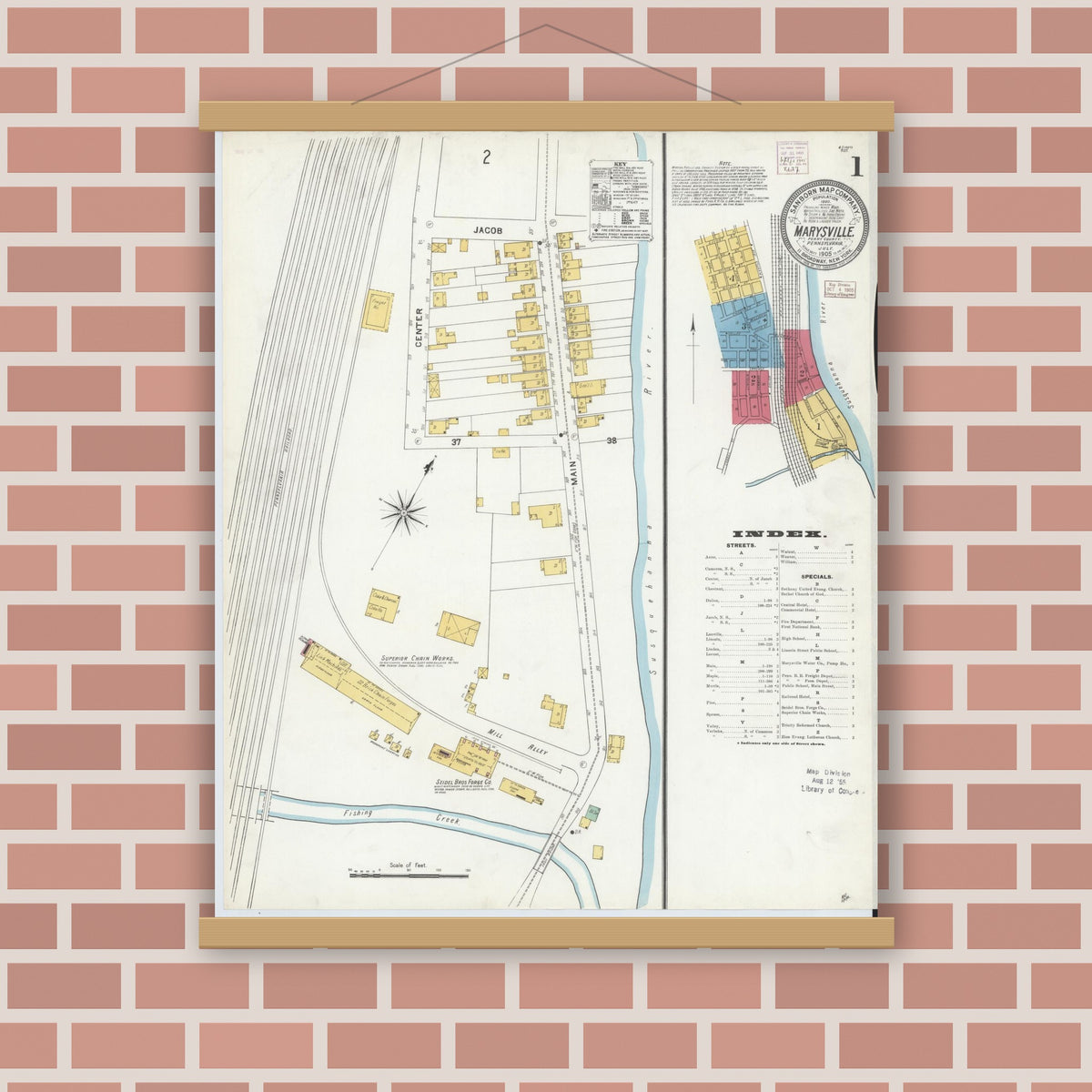 Old map wall art mockup — magnetic wood frame on brick wall — Sanborn Fire Insurance Map from Marysville, Perry County, Pennsylvania (1905) - Complete Map Set
