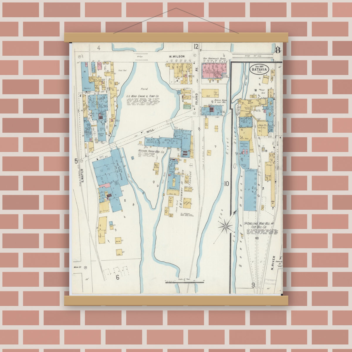 Old map wall art mockup — magnetic wood frame on brick wall — Sanborn Fire Insurance Map from Batavia, Kane County, Illinois (1897), Sheet #0008