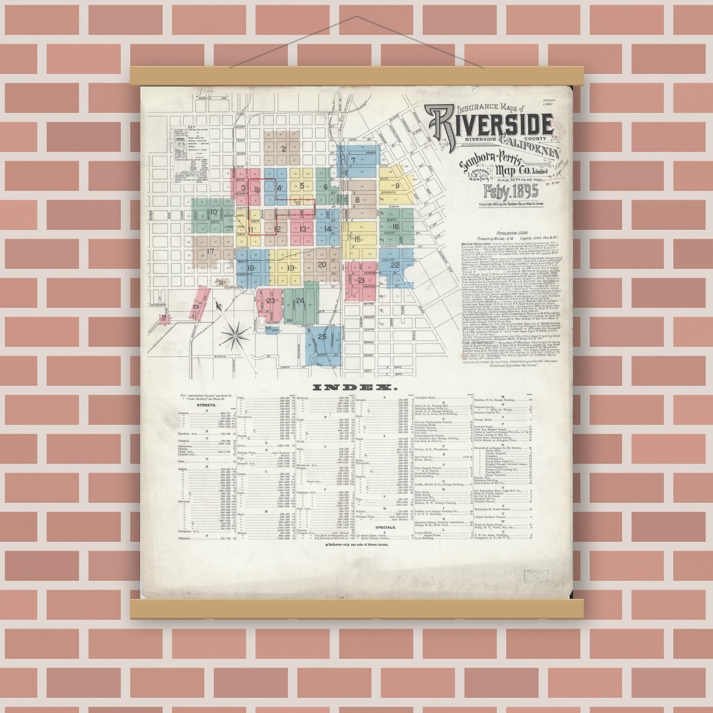 Old map wall art mockup — magnetic wood frame on brick wall — Sanborn Fire Insurance Map from Riverside, Riverside County, California (1895) - Complete Map Set