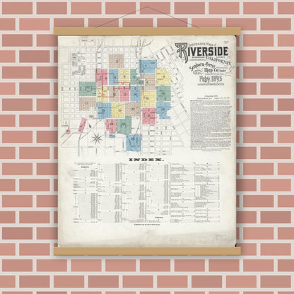 Old map wall art mockup — magnetic wood frame on brick wall — Sanborn Fire Insurance Map from Riverside, Riverside County, California (1895) - Complete Map Set