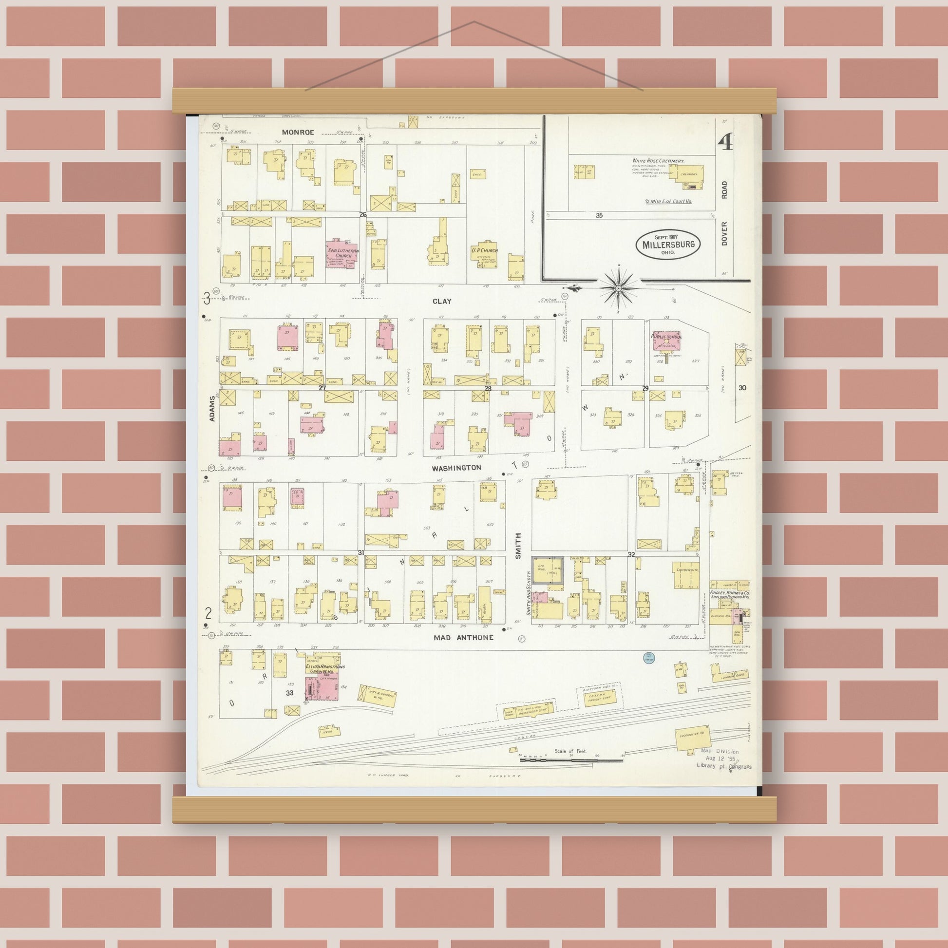 Old map wall art mockup — magnetic wood frame on brick wall — Sanborn Fire Insurance Map from Millersburg, Holmes County, Ohio (1907), Sheet #0004
