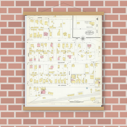 Old map wall art mockup — magnetic wood frame on brick wall — Sanborn Fire Insurance Map from Millersburg, Holmes County, Ohio (1907), Sheet #0004