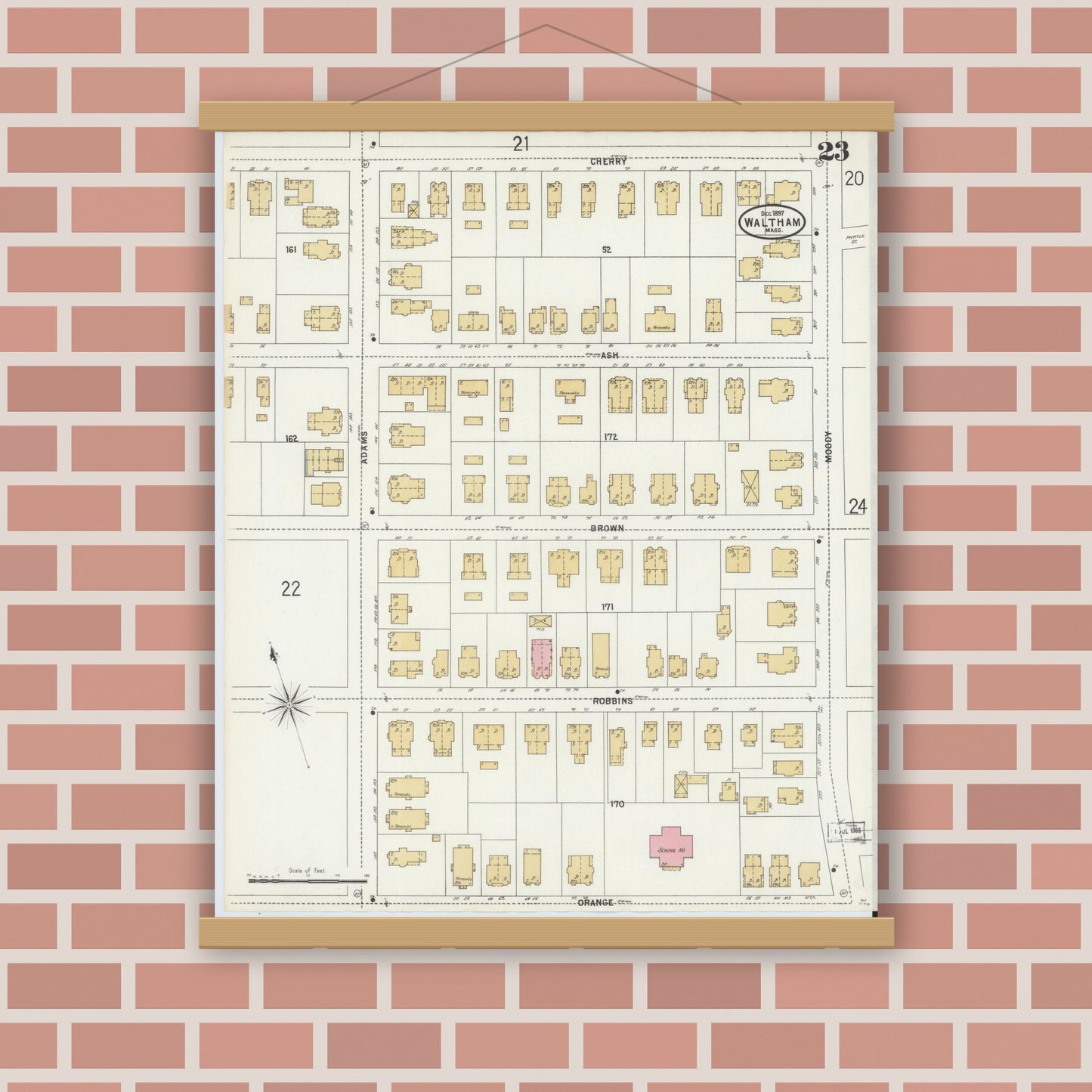 Old map wall art mockup — magnetic wood frame on brick wall — Sanborn Fire Insurance Map from Waltham, Middlesex County, Massachusetts (1897), Sheet #0023