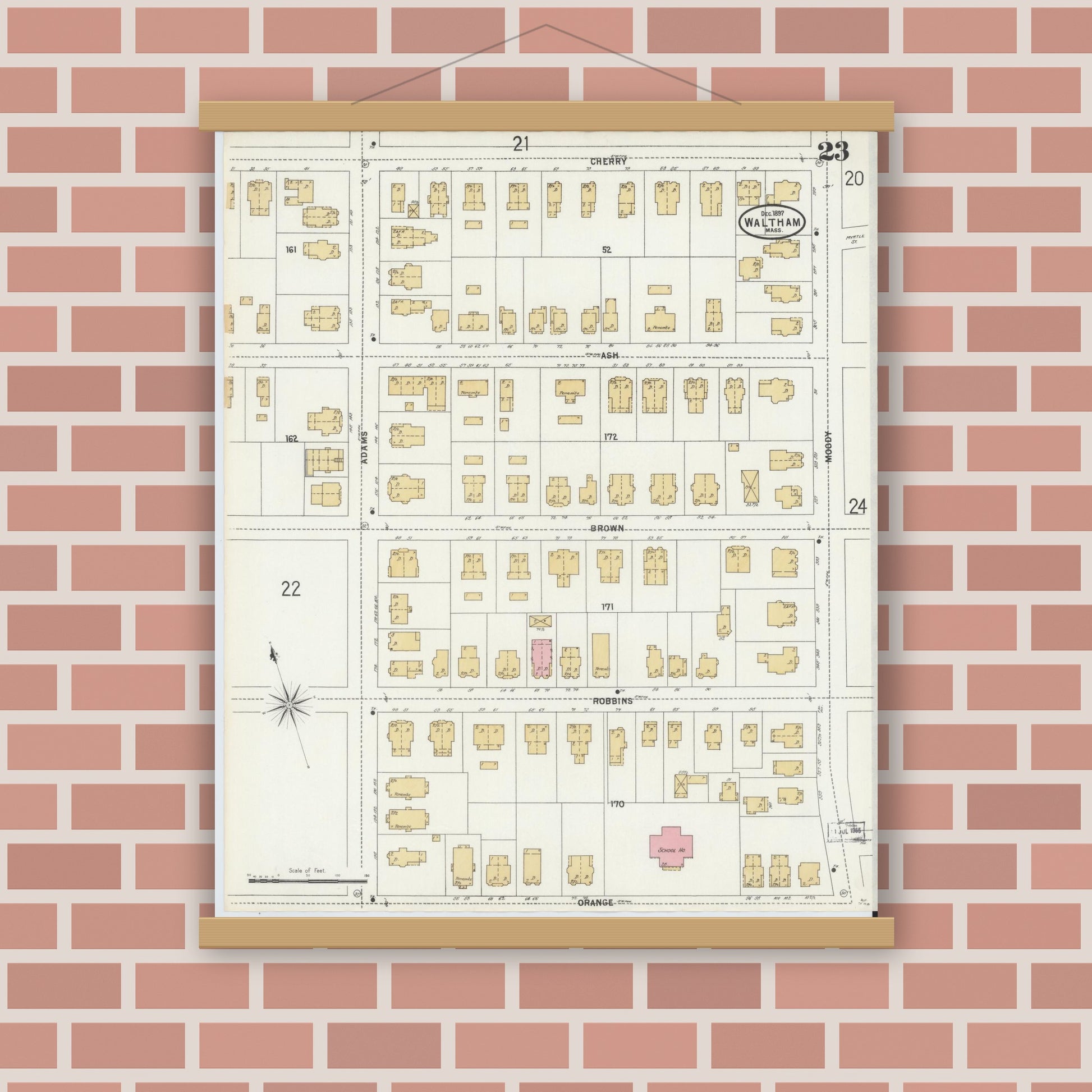 Old map wall art mockup — magnetic wood frame on brick wall — Sanborn Fire Insurance Map from Waltham, Middlesex County, Massachusetts (1897), Sheet #0023