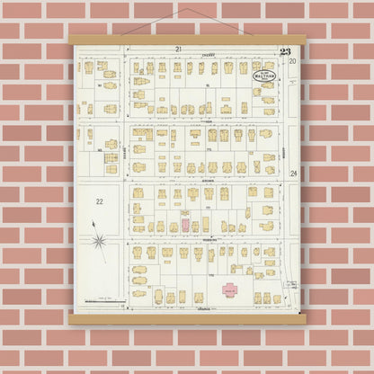Old map wall art mockup — magnetic wood frame on brick wall — Sanborn Fire Insurance Map from Waltham, Middlesex County, Massachusetts (1897), Sheet #0023