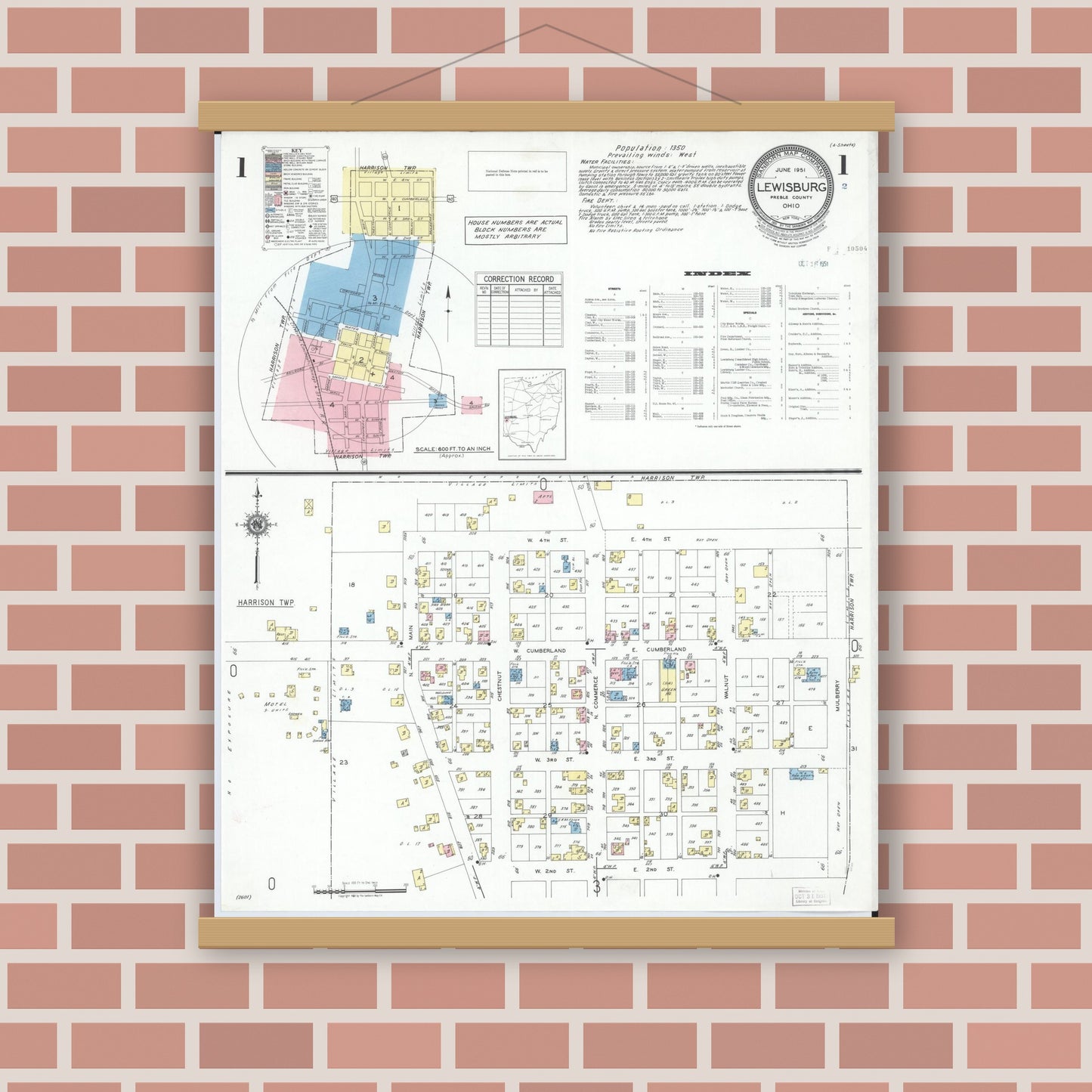 Old map wall art mockup — magnetic wood frame on brick wall — Sanborn Fire Insurance Map from Lewisburg, Preble County, Ohio (1951) - Complete Map Set