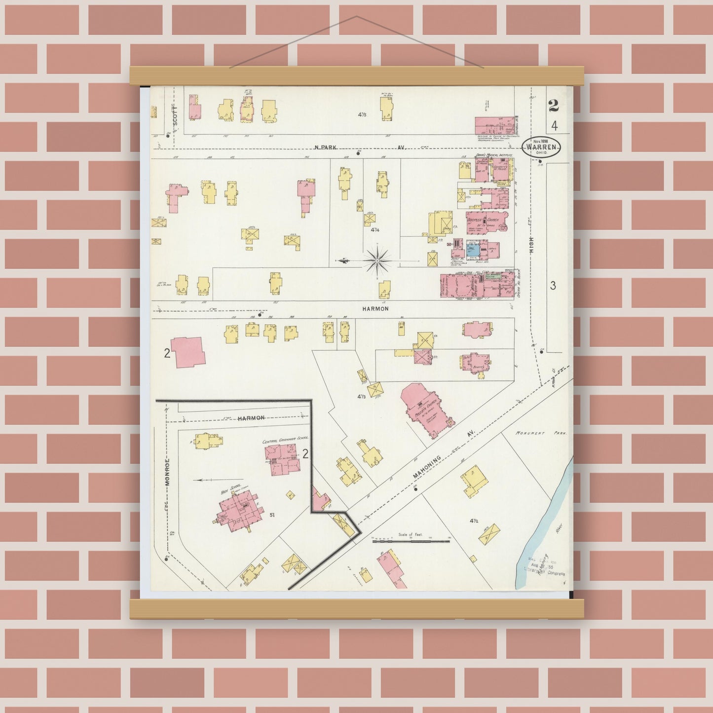 Old map wall art mockup — magnetic wood frame on brick wall — Sanborn Fire Insurance Map from Warren, Trumbull County, Ohio (1898), Sheet #0002
