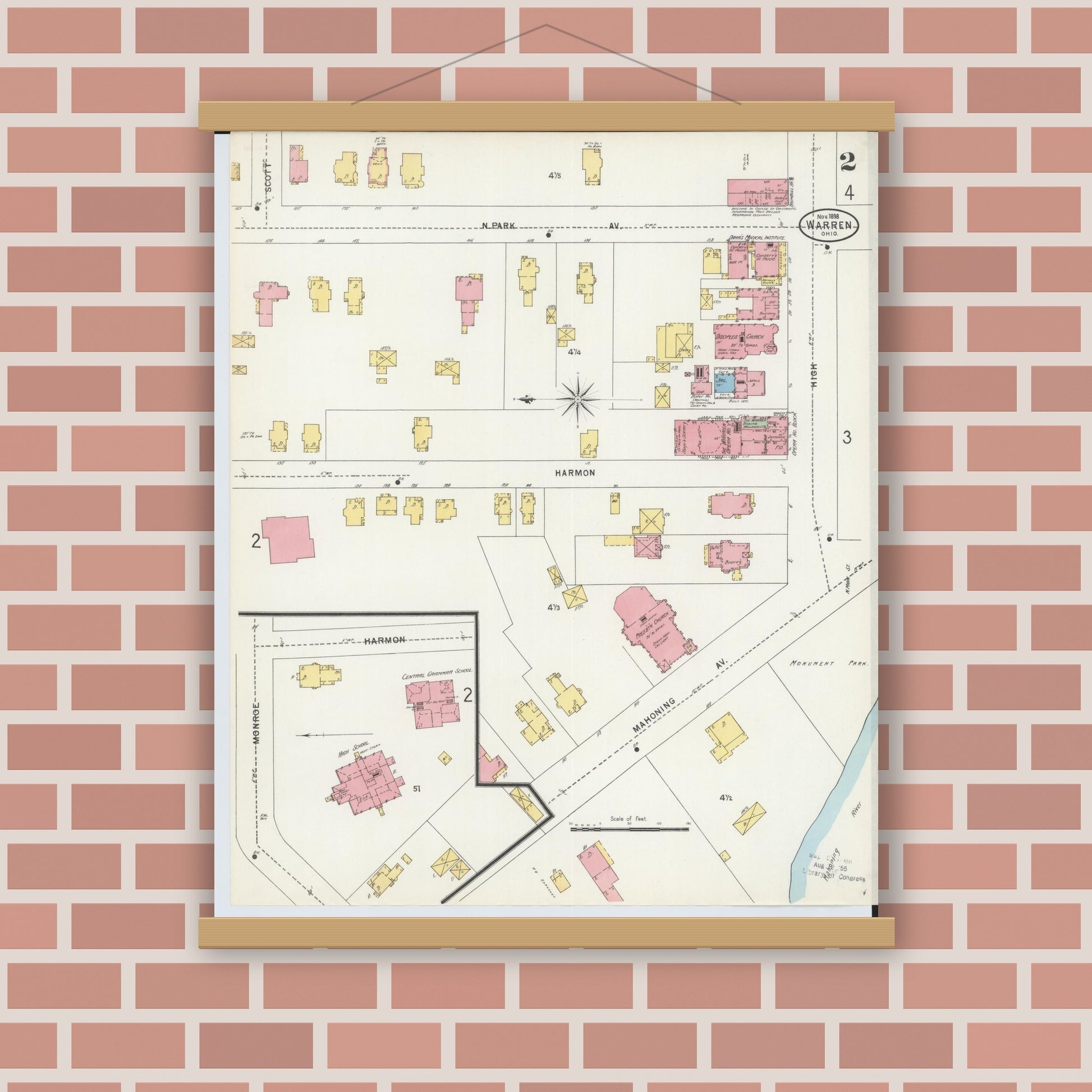Old map wall art mockup — magnetic wood frame on brick wall — Sanborn Fire Insurance Map from Warren, Trumbull County, Ohio (1898), Sheet #0002