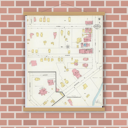 Old map wall art mockup — magnetic wood frame on brick wall — Sanborn Fire Insurance Map from Warren, Trumbull County, Ohio (1898), Sheet #0002