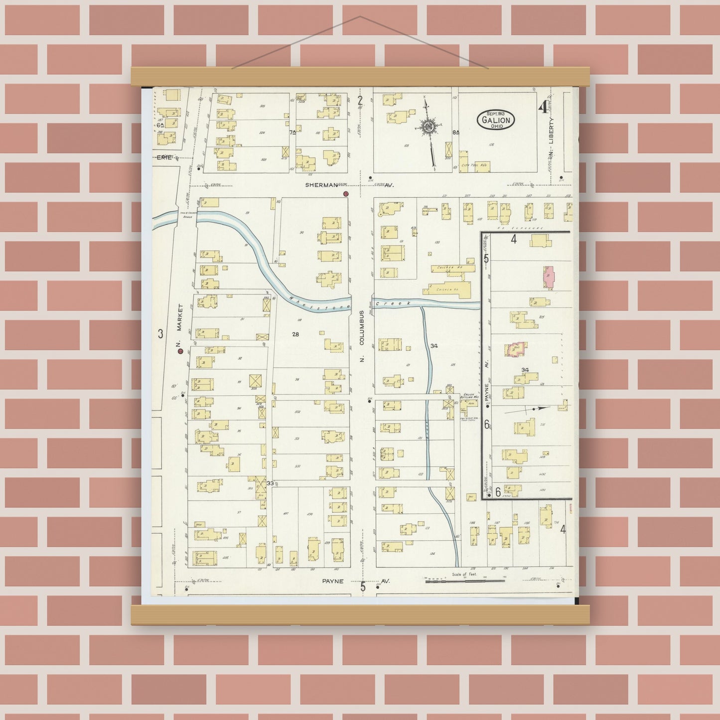 Old map wall art mockup — magnetic wood frame on brick wall — Sanborn Fire Insurance Map from Galion, Crawford County, Ohio (1913), Sheet #0004