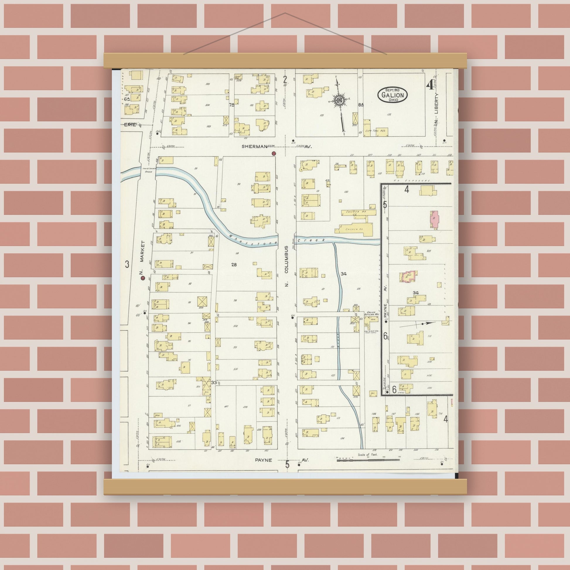 Old map wall art mockup — magnetic wood frame on brick wall — Sanborn Fire Insurance Map from Galion, Crawford County, Ohio (1913), Sheet #0004
