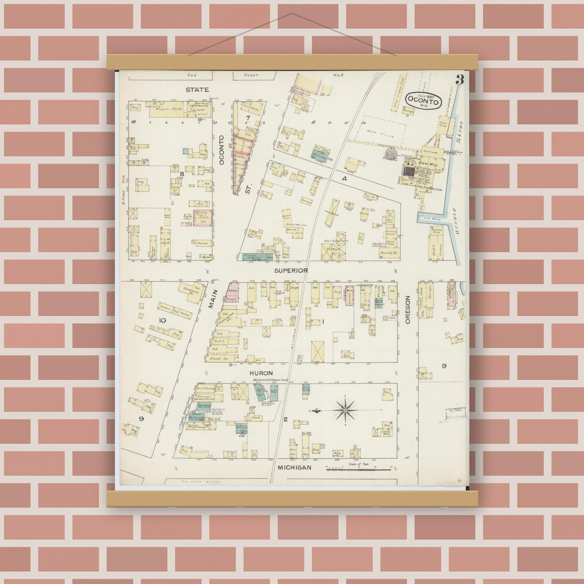 Old map wall art mockup — magnetic wood frame on brick wall — Sanborn Fire Insurance Map from Oconto, Oconto County, Wisconsin (1887), Sheet #0003